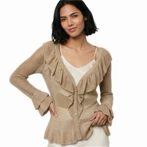 Boston Proper Women's Ruffle Metallic Sweater S Gold Open Knit Long Sleeve NWT